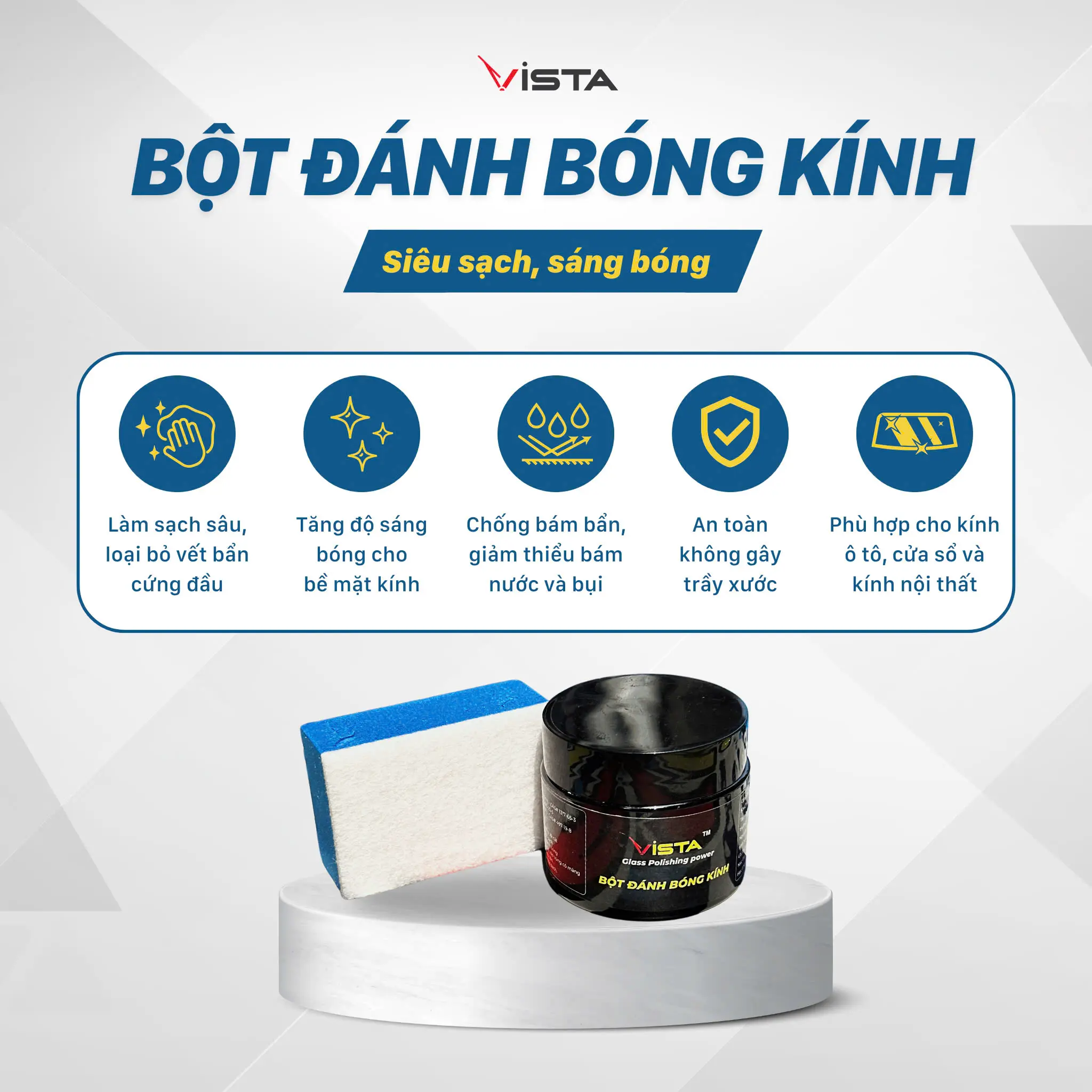 Bột Đánh Bóng Kính Vista Cho Xe Ô Tô | Tẩy Sạch Nhanh - Tăng Độ Bóng - Chống Bám Bẩn - Bảo Vệ Kính