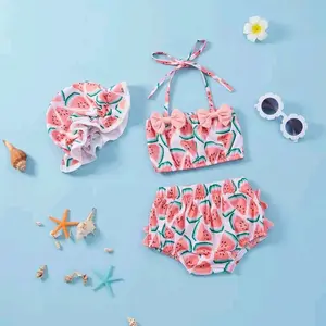 Pakaian Renang anak 3bulan-3tahun 1set topi Semangka pink