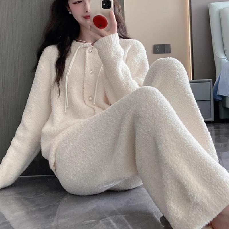 Bộ Đồ Ngủ Nửa Lông Cừu, Dành Cho Nữ, Mùa Thu / Đông, Mềm Mại Và Cao Cấp, Ấm Áp Và Dày Dặn, Áo Dài Tay, Quần Dài, Bộ Hai Mảnh, Vẻ Đẹp Cao, Đơn Giản Và Tinh Tế, Quần Áo Mặc Nhà Ấm Áp