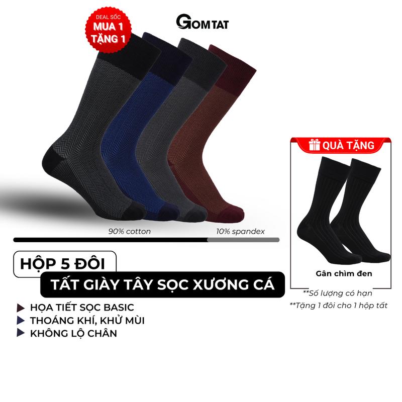 Hộp 4 đôi tất đi giày tây nam cổ cao GOMTAT mẫu sọc xương cá, vớ nam công sở chất liệu cotton cao cấp, thoáng mát êm chân, tất nam công sở, vớ cao cổ nam Menswear - GOM-MIX14-CB4