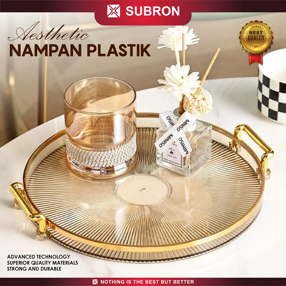 SUBRON Nampan Plastik Bulat Kotak Persegi Aesthetic Transparan Tray Wadah Aksesoris Buah Snack Pegangan Handle Gold Multifungsi Elegan