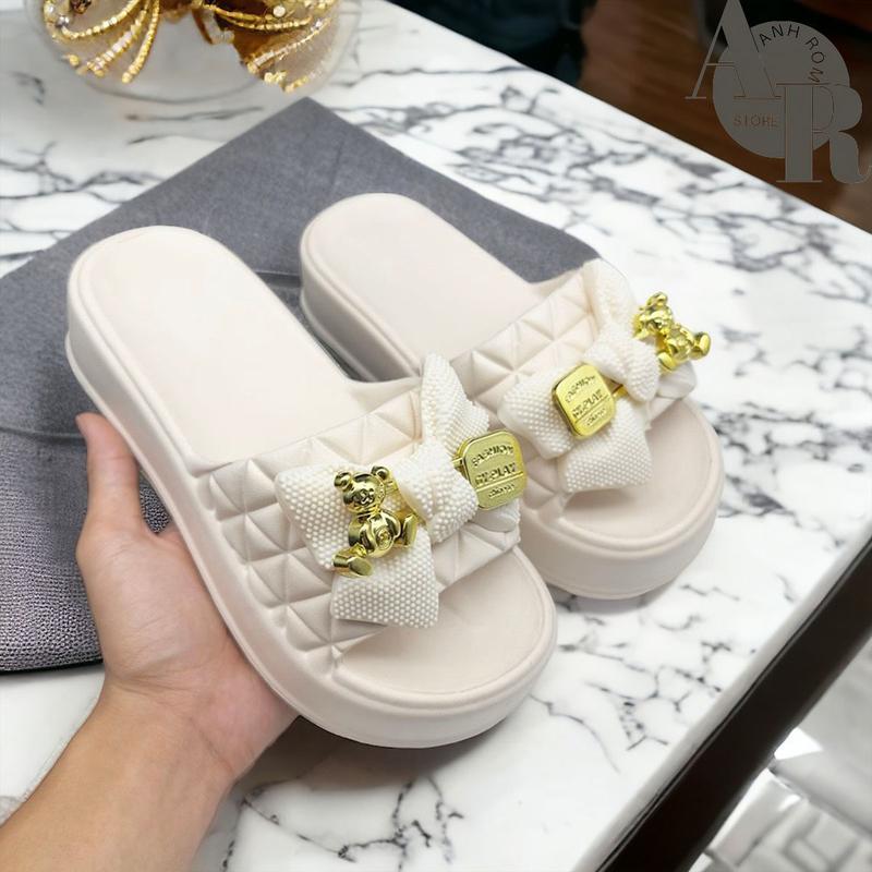 Dép nữ quai ngang đính nơ Gấu dễ thương đế đúc nguyên khối đi êm mềm chống trơn trược Form bé nâng 1 size 9