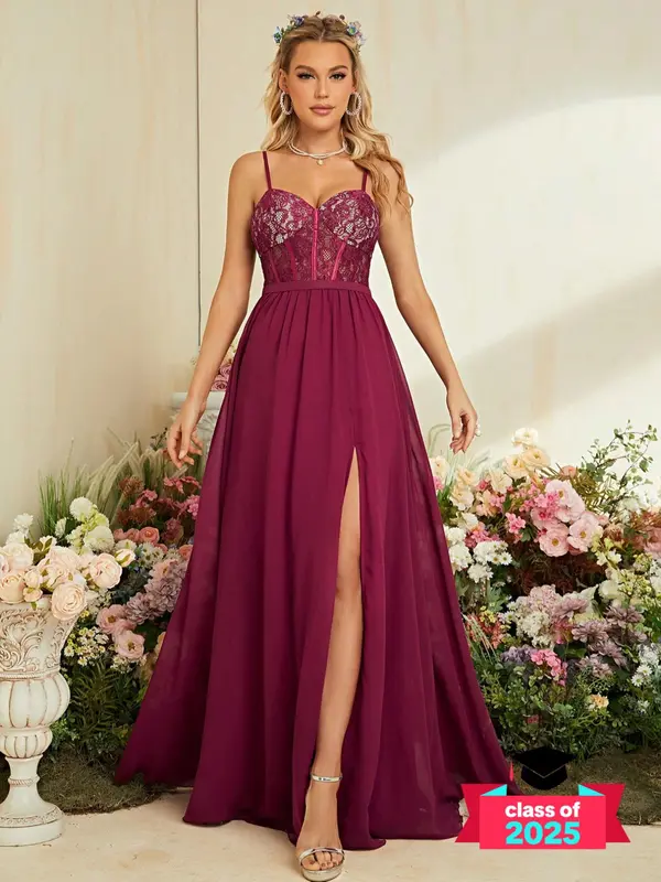 Women's Plain Backless Split Thigh Corset Evening Dress, Elegant Adjustable Strap Zipper Back Maxi Dress for Party & Banquet, Ladies' Clothes for All Seasons 0