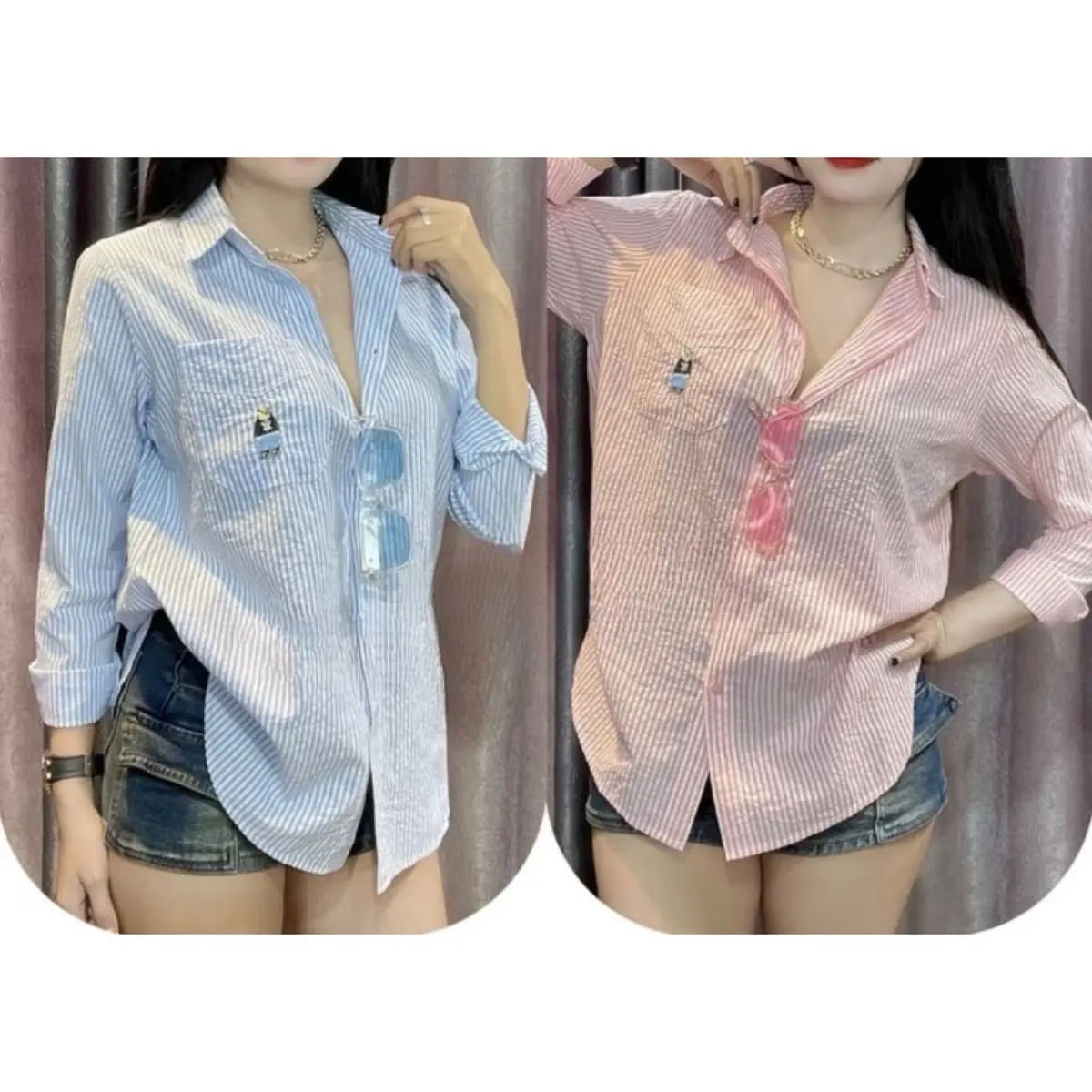 ￼ Áo sơ mi nữ - Áo sơ mi nữ dài tay kẻ sọc 1 túi thêu gấu phom Hàn siêu xinh  Cotton Top Women