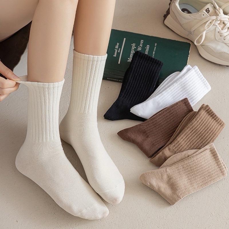 Sét 10 đôi tất Cổ cao Hàn Quốc, Vớ Cổ cao Màu Trơn Chất Len Gân thời trang
