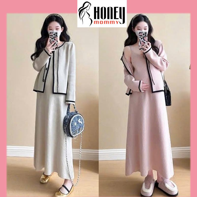 Set Váy Bầu Đầm Bầu 2 Dây Kèm Áo Khoác Dài Tay Thu Đông Dáng Xuông Vải Len Thỏ Sang Chảnh Lịch Sự HD4714 Honey Mommy