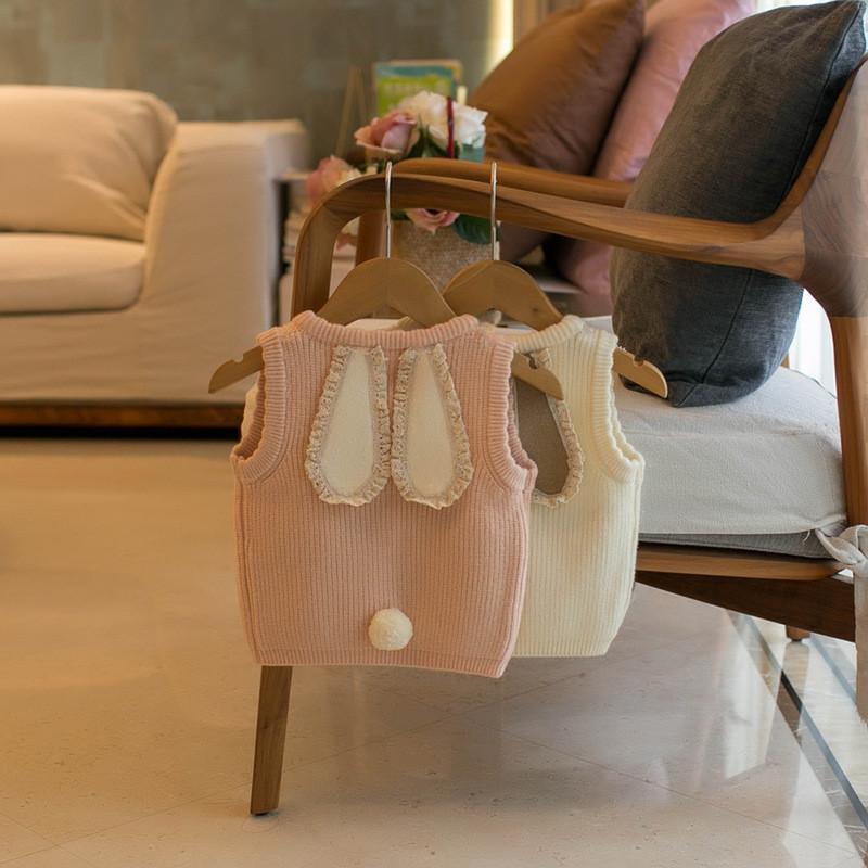 A789- Áo Gile Đính Nơ Tai Thỏ 2 Màu Kem\Hồng Chất Liệu Len Cho Bé Gái Size 9-19kg