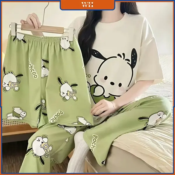 Bộ đồ ngủ 3 món mùa hè ngắn tay phong cách hoạt hình mặc ở nhà 0