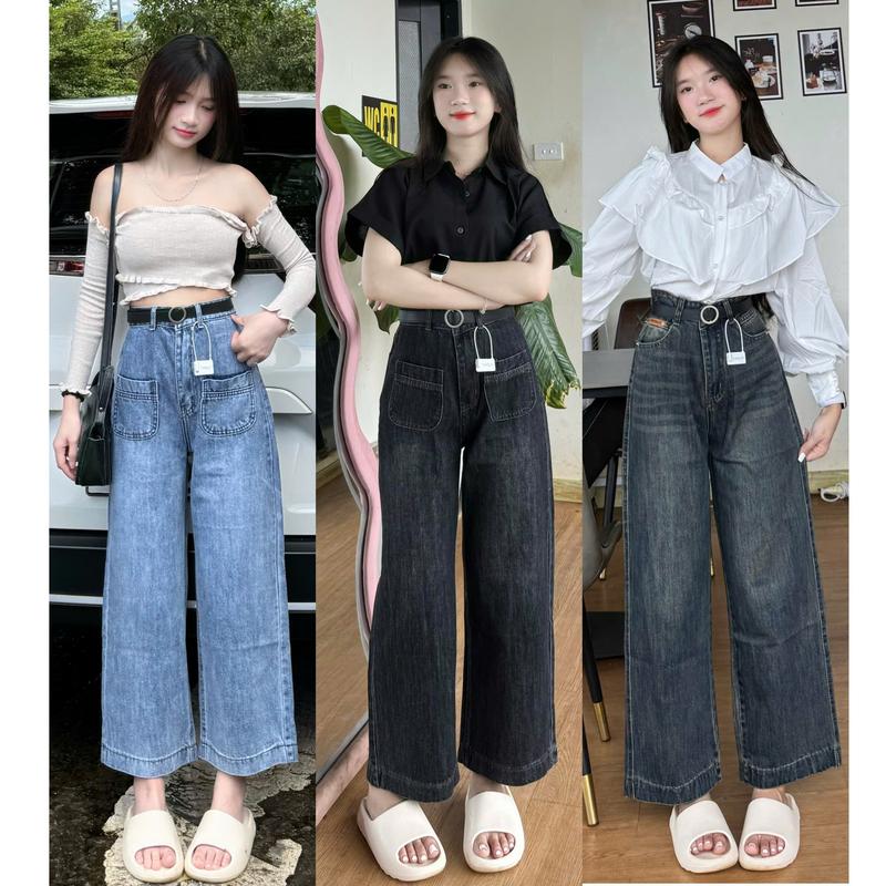 Quần Jean Nữ Ống Rộng (Form thường) Lưng Cạp Cao, Vải Jean Loại 1