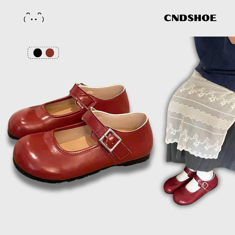 Cndshoe - Giày Búp Bê Màu Đỏ Ella Shoes Giày Bằng Da PU Mềm Có Quai Gài Basic Cho Nữ  Baby Jean Voi Balletcore Mary Jane Đế Bệt lolita Đỏ Nhung Sandal giay bet