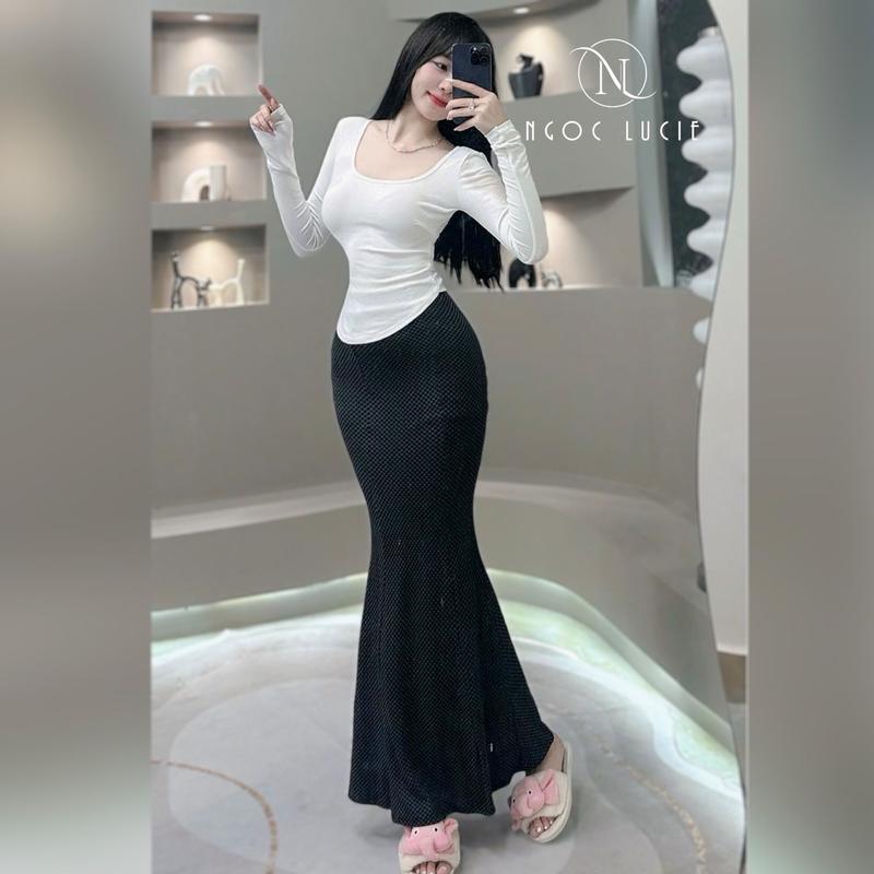 S272 - Set Áo Tay Dài Vải Bozip + Chân Váy Đuôi Cá Caro - Ngọc Lucie Nữ Women