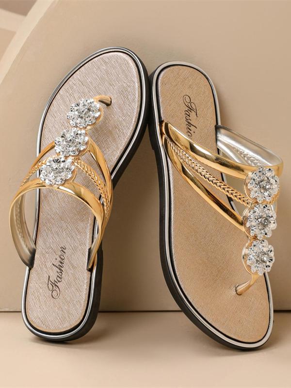Women's Fashionable Rhinestone Decorated Flower Design Flip Flops, Casual Comfortable Non-slip Slippers for Beach, Summer Barefoot Shoes for Women 5