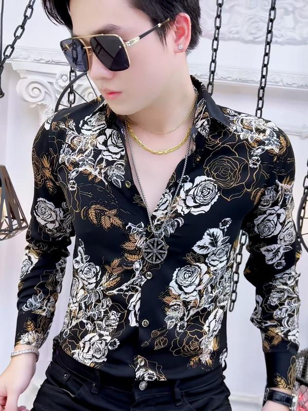 Áo sơ mi lụa nam họa tiết hoa hồng vàng trắng  nam tính Menswear Shirt Tre 1