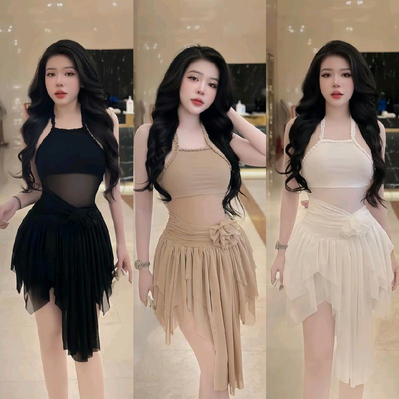 Đầm body cổ yếm bèo xoè tầng, váy cúp nguc thun lưới Có Mút Nguc đi tiệc đi chơi sang chảnh Women Dress Beige Sang trọng điệu đà đính bông hồng Voi Voan váy  body  ngắn váy  yếm  trắng vayom tondang 3