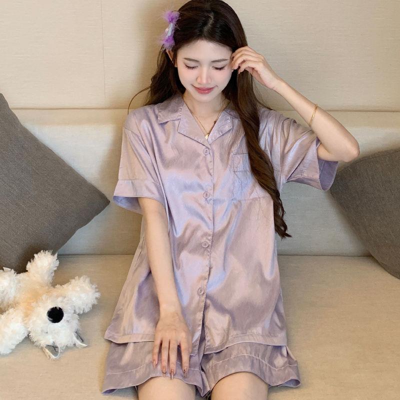 Bộ Đồ Ngủ Lụa Lạnh Dành Cho Nữ, Bộ Áo Ngắn Tay Và Quần Đùi Mỏng Mùa Hè, Bộ Đồ Mặc Ở Nhà Thường Ngày Satin Dệt Twill Hình Người Kiểu Hàn Quốc 2