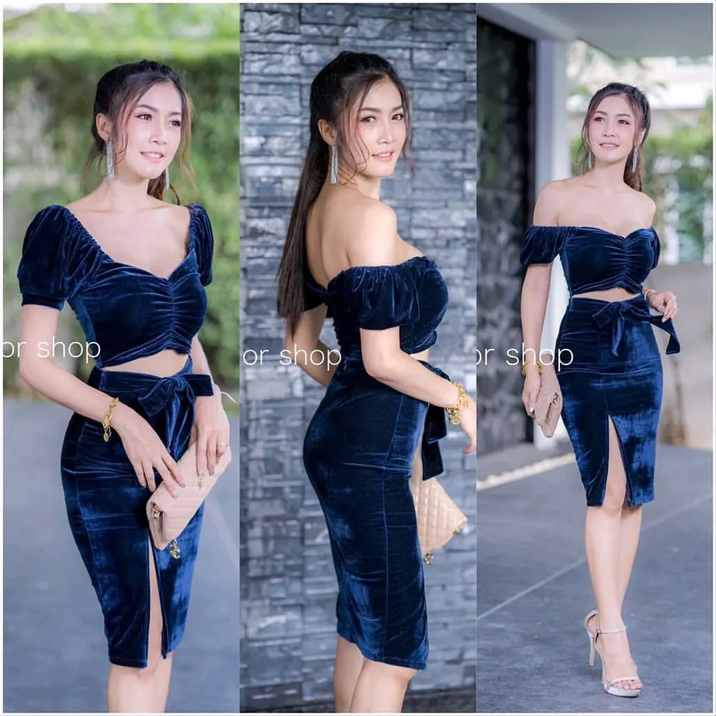Scotteshop Keisya Midi Dress Bludru Bodycon Velvet Sabrina 766 Wanita daster  semok lengan