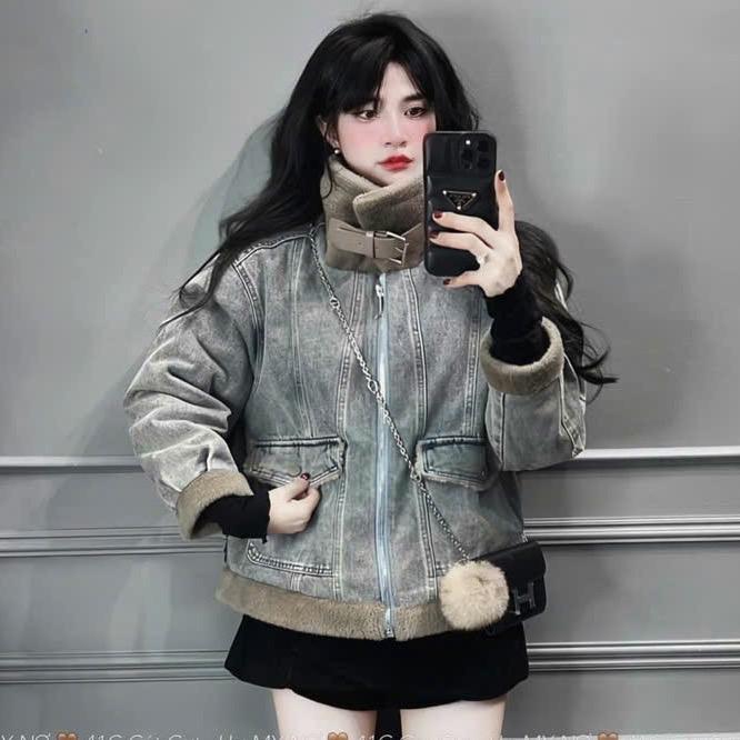 Áo Khoác Jean Nữ Lót Lông Túi Hộp Hai Bên Hàng QCCC - Quảng Châu Cao Cấp - Xám Ghi, Jacket