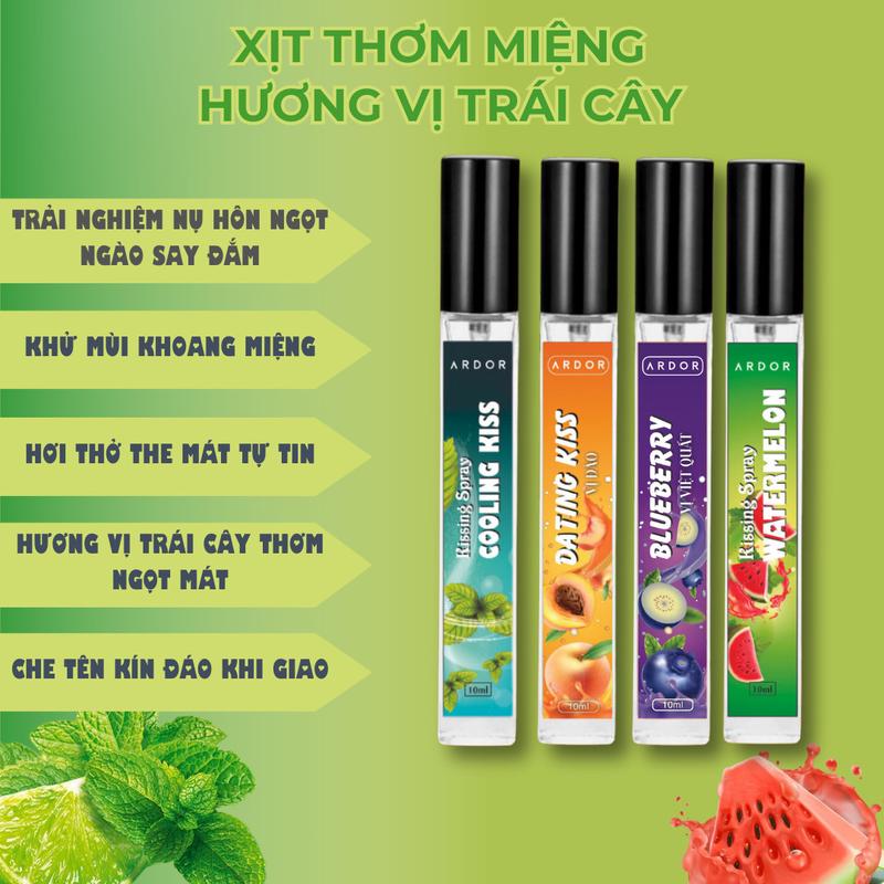 Xịt Thơm Miệng Kissing Spray ARDOR Xịt Miệng Nam Nữ Hương Trái Cây The Mát, Dịu Ngọt Dung Tích 10ml