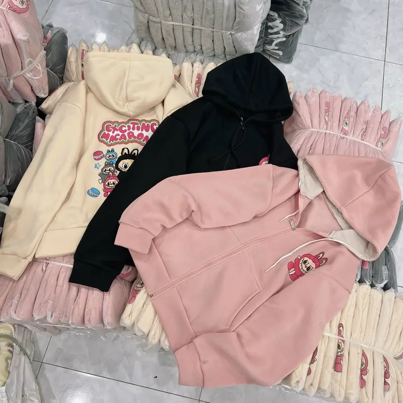 Áo khoác nỉ in hình labubu có nón khoá kéo an534 unisex nam nữ 2