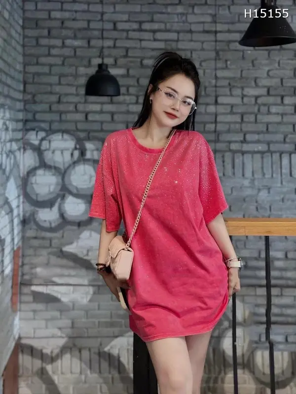 Áo Phông Loang Đính Đá Dáng Rộng, Áo Thun Form Thụng Dấu Quần Hàng QC Loại 1 Cao Cấp Nữ Women Top Nhung Top Nhung - Cotton Vải Loang Cao Cấp 4