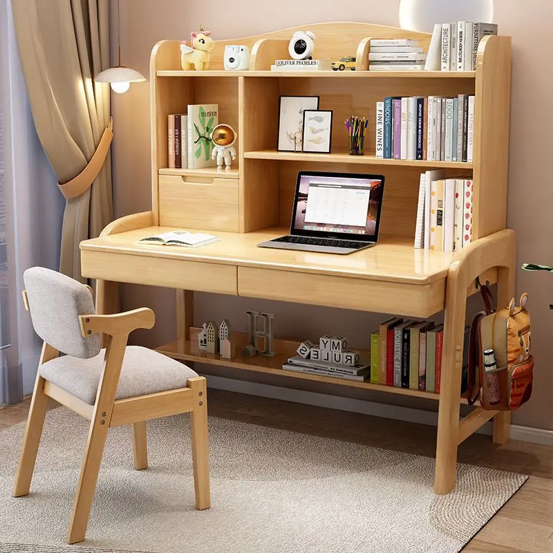 Solid Wood Desk Bookshelf Integrated Household Writing Desk Chair Modern Simple Bedroom Children's Study Table