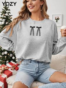 YOZY Women's Bow Print Round Neck Pullover Sweatshirt, Casual Long Sleeve Crew Neck Sweatshirt for Fall & Winter, Women's Clothes for Daily Wear