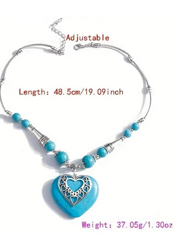 Vintage Boho Style Heart Design Pendant Necklace, Turquoise Texture Decorative Jewelry for Women & Men for Party, Daily Clothing Decor 1