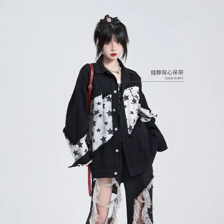 Áo Khoác Denim, Màu Đen, Dành Cho Nữ, Phong Cách Cổ Điển Mỹ Ngọt Ngào Và Ngầu Ins Hợp Xu hướng, Khâu, Dáng Rộng Vừa Vặn, Áo Khoác Có Ve Áo 5