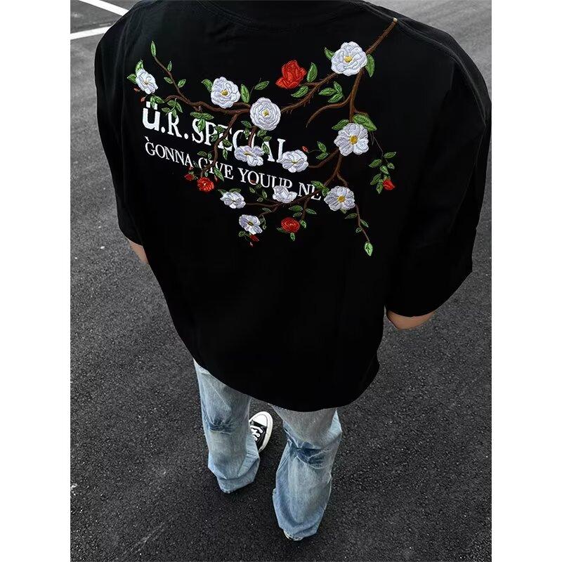 Áo Thun Nam Thêu Hoa Hồng Phong Cách Retro Mỹ Form Cleanfit Hiphop