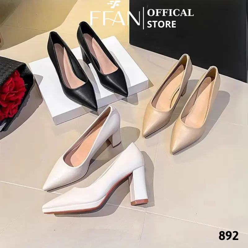 Giày cao gót mũi nhọn đúp đế vuông 8 phân 892 FFANSTORE, bít mũi da mềm mại big size màu đen be trắng đen da lộn 0