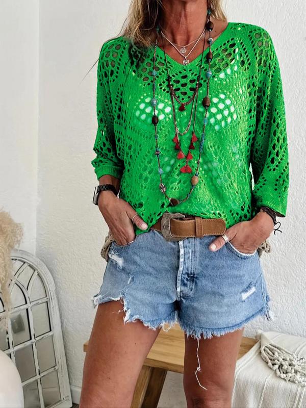 【 Plus Size】 Solid Hollow Out Drop Shoulder Knit Top, Elegant Casual V Neck Three Quarter Length Sleeve V Neck Knitwear for Summer, Women's Plus Crochet Clothing for Daily Wear, Vneck 5
