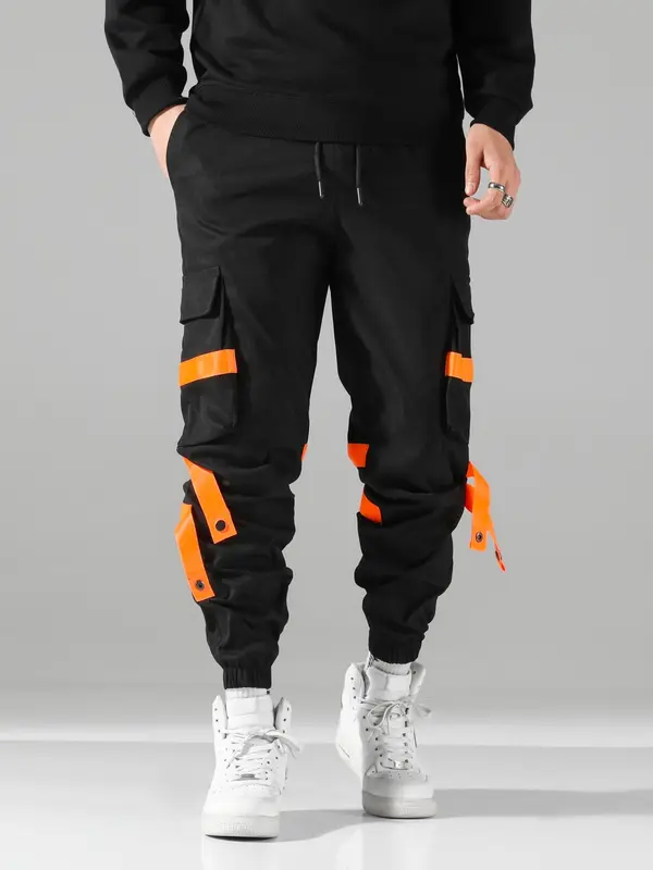 Men's Colorblock Drawstring Button Detail Cargo Pants, Construction Workwear, Regular Fit Fashion Casual Pocket Elastic Waist Trousers For Daily Wear, Men's Bottoms For Fall & Winter 5