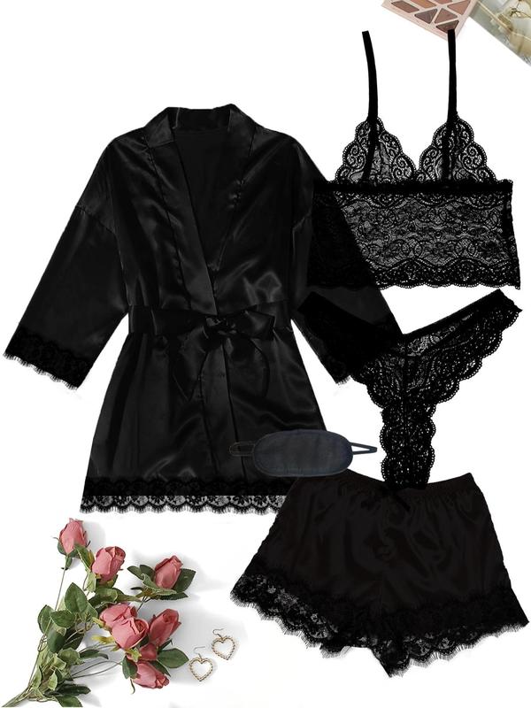 5 Counts Women's Contrast Lace Satin Pyjama Set, Casual Cami Top & Thong & Belted Wrap Lounge Robe & Bow Elastic Waist Shorts & Eye Mask Set, Pajama Sets Women, Lounge Sets, Women's Loungewear Set, Bedroom Pajamas for Married Women, Nightwear 7