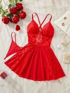 Women's Floral Lace Cami Nightdress & Thong Sexy Sleepwear Two-piece Set, Romantic Comfy Spaghetti Strap Nightgown & Panty Set, Ladies Sleepwear for All Seasons