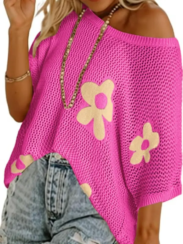 Women's Floral Pattern Crochet Sweater, Casual Half Sleeve Knit Top for Summer, Fashion Women's Knitwear for Daily Wear 5