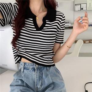 Striped T-shirt Women's Summer Thin Polo Collar T-shirt Shory Style High Waist Navel-Exposed Design Sense Niche Knitted Hot Girl Top