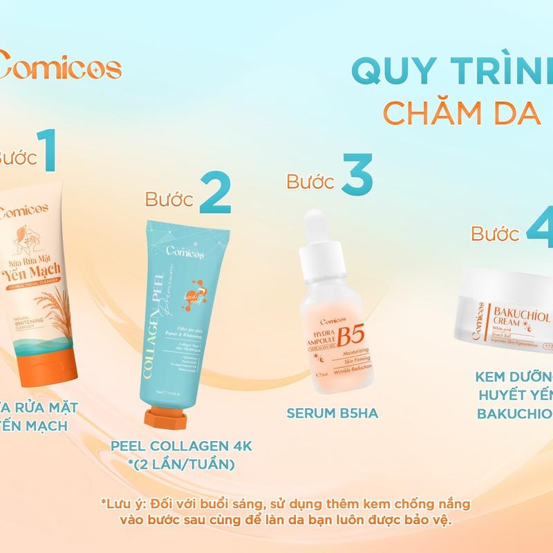 COMBO (Mua 1 Được 5) PEEL COLLAGEN 4K + SERUM B5 + KEM FACE BAKUCHIOL + SỮA RỬA MẶT + KEM CHỐNG NẮNG Skincare Peel Da 2