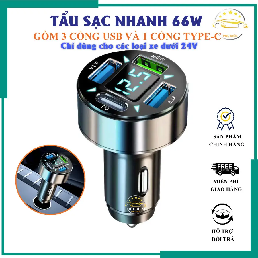 Tẩu sạc nhanh có màn hình led 66W gồm 3 cổng USB và 1 cổng Type-C dành cho ô tô Phụ Kiện