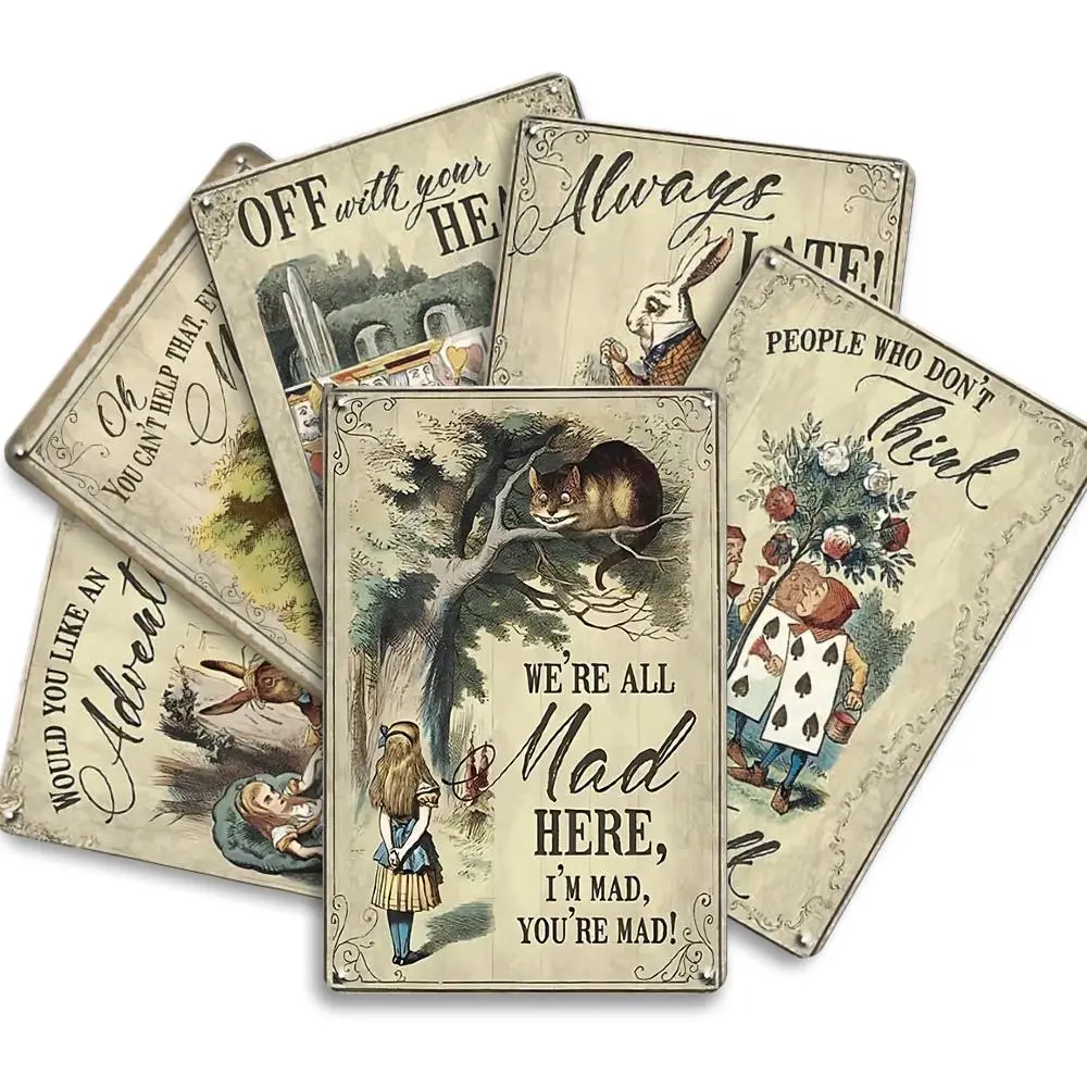 Girl in Wonderland Themed Metal Tin Sign, 6 Counts/set Vintage Wall Poster Plaque Sign, Wall Art Decoration for Home Garden Patio Living Room