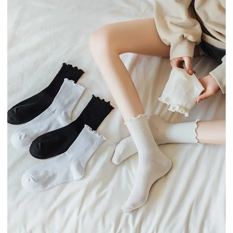 Set 5 Tất Cổ Cao Nữ Bèo Nhún, Vớ Bèo Nhún Nữ Cổ Cao Màu Trơn Basic Thời Trang Vintage Hàn Quốc M122 Women 1