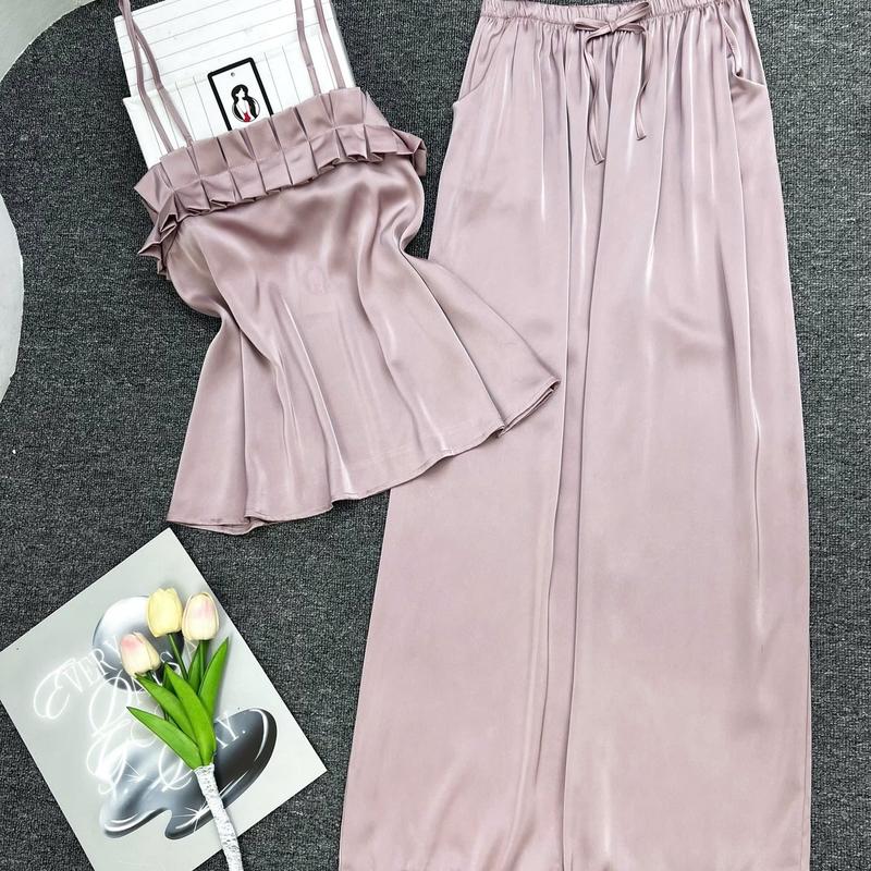 40-60kg Bộ Dài Nữ 2 Dây Mặc Nhà lụa Latin xếp ly bảng to quần suông dài 95 cm lai bèo có túi Kem Nhung Women Áo