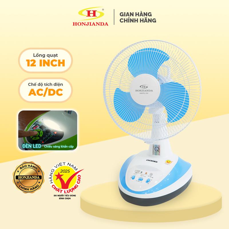 Quạt Sạc Tích Điện Honjianda AC&DC 12 inch FL312 - có đèn LED hỗ trợ cúp điện