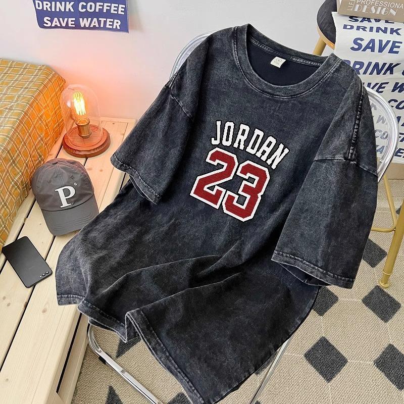 cotton nguyên chất mùa hè 2025 phong cách mới giặt đau khổ đa năng thời trang phong cách Hàn Quốc hợp thời trang rộng rãi cho nam nữ áo thun ngắn tay in hình học sinh cao cấp 4