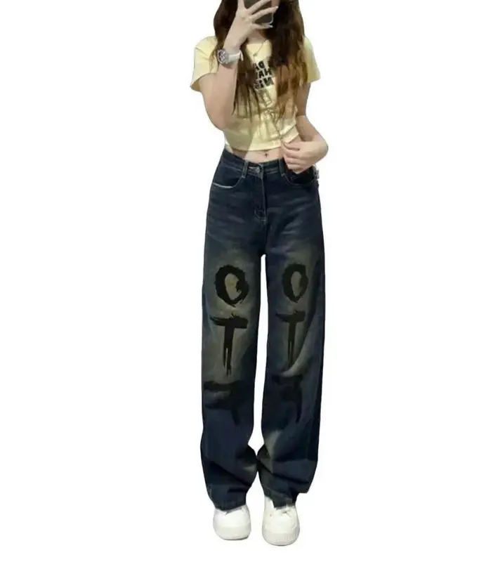 QUẦN JEANS NỮ XANH CẠP CAO KHÔNG GIÃN WASH LOANG MÀU BỤI VÀNG IN CHỮ SƠN ĐEN THỜI TRANG CÁ TÍNH Women Pants Có Túi Navy 2