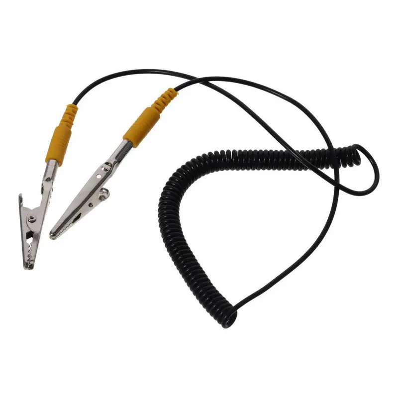 Cáp nối đất chống tĩnh điện PU, Dây Cuộn Dây 2mm 180cm / 71 ", Dây dài, Polyurethane, Màu đen, với kẹp cá sấu đôi, Kiểu móng vuốt 0