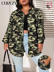 CURVZY Plus Size Autumn Aesthetic Camo Print Button Front Shirt Coat, Casual Long Sleeve Pocket Collared Outerwear for Daily Wear, Women's Plus Clothing for All Seasons