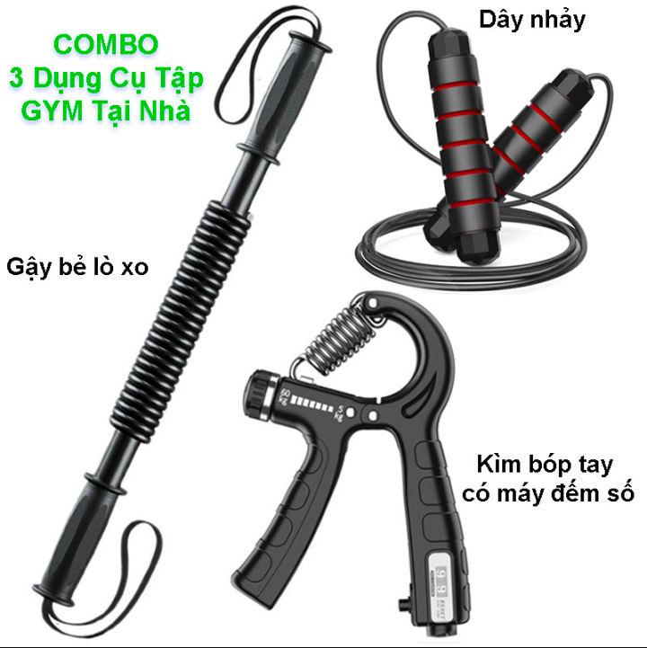  COMBO 3 - 1 gậy bẻ lò xo 20kg,30kg,40kg - 1 kìm bóp tay có máy đếm số - 1 dây nhảy siêu bền 