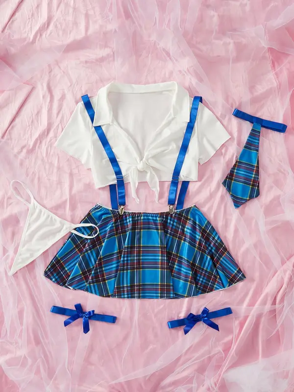 Women's Plain Knot Front Crop Top & Plaid Print Pleated Suspender Skirt & Thong & Tie & Bow Decor Thigh Band Set, Sexy Fit School Girl Adjustable Costume Set, Underwear Sets, Women's Lingerie & Underwear for All Seasons, Clothes, Womenswear, Cosplay 3