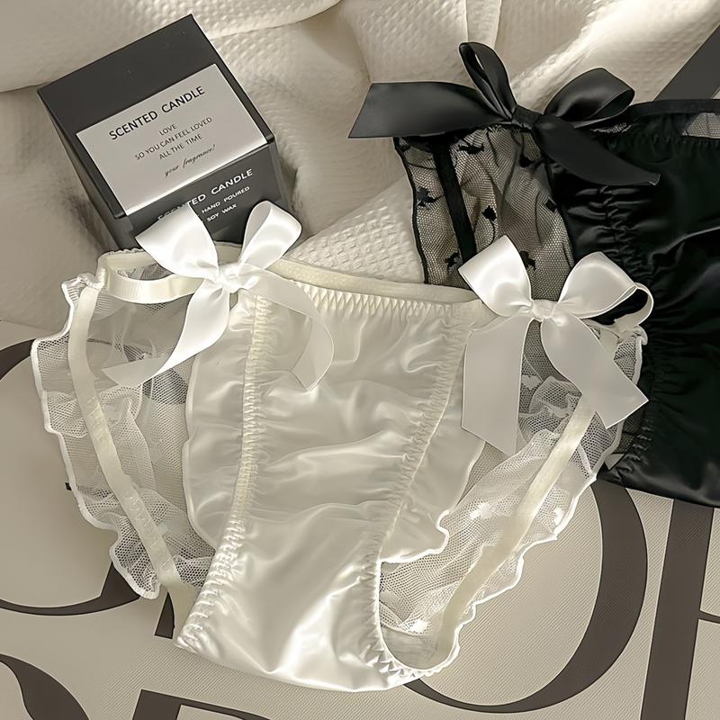 A17 - Quần Lót Ren Mix Lụa Nơ 2 Bên 5 Màu Nữ quanchip Women Cotton Tua Rua: Đen, Hồng, Xanh, Trắng, Be