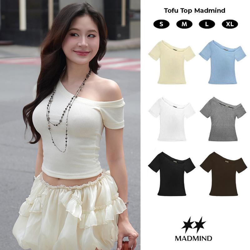 MADMIND Áo Nữ Trễ Vai Ôm Body Thun Trơn TOFU TOP - Áo Mùa Hè Đi Biển Màu Đen , Trắng , Be , Nâu , Xám , Xanh Biển